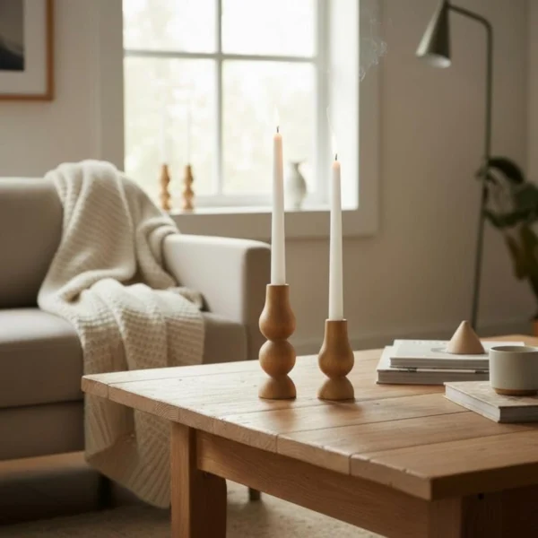 Artisan-Turned Beech Wood Taper Holders Set of 2
