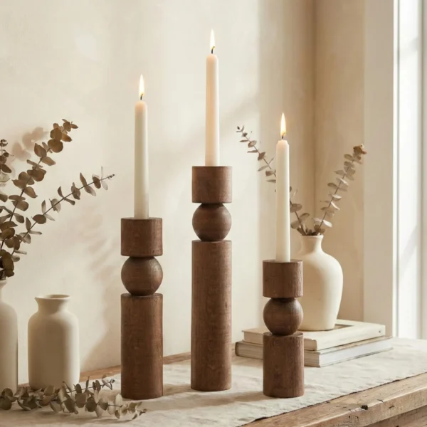 Hand-Turned Artisan Hornbeam Candle Holder Set of 3