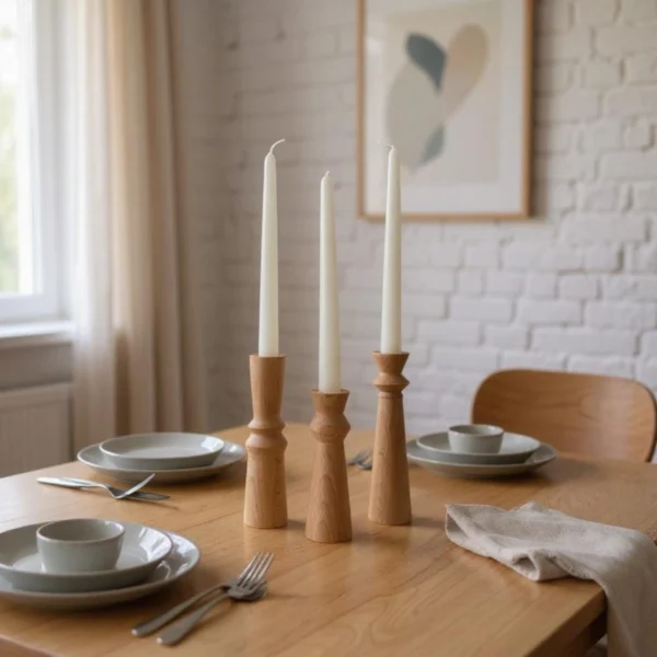 Handcrafted Geometric Beech Wood Candle Holder Set – Trio of Modern Elegance
