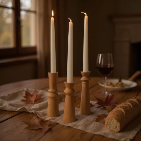 Handcrafted Geometric Beech Wood Candle Holder Set – Trio of Modern Elegance