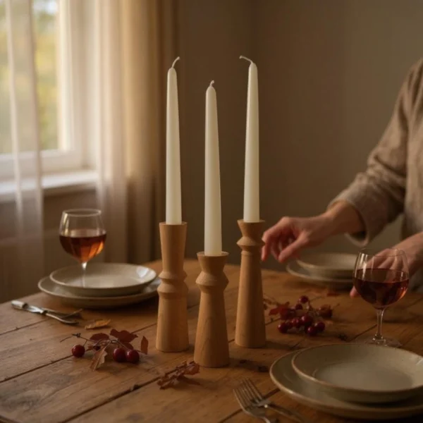 Handcrafted Geometric Beech Wood Candle Holder Set – Trio of Modern Elegance