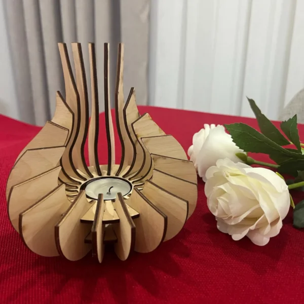Wooden Lotus Tealight Candle Holder – Sculptural Laser-Cut Table Lantern